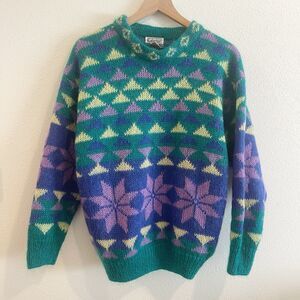 Vintage Gallagher Women's Sweater Lg Pullover Mohair Purple Green Snowflake Boho